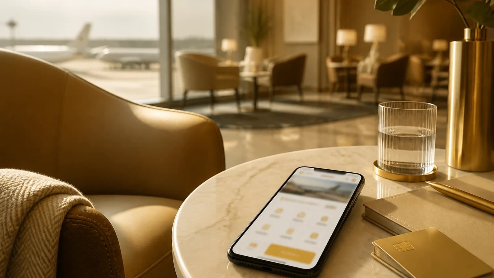 Airport lounge atmosphere with a phone showing a blurred rewards interface