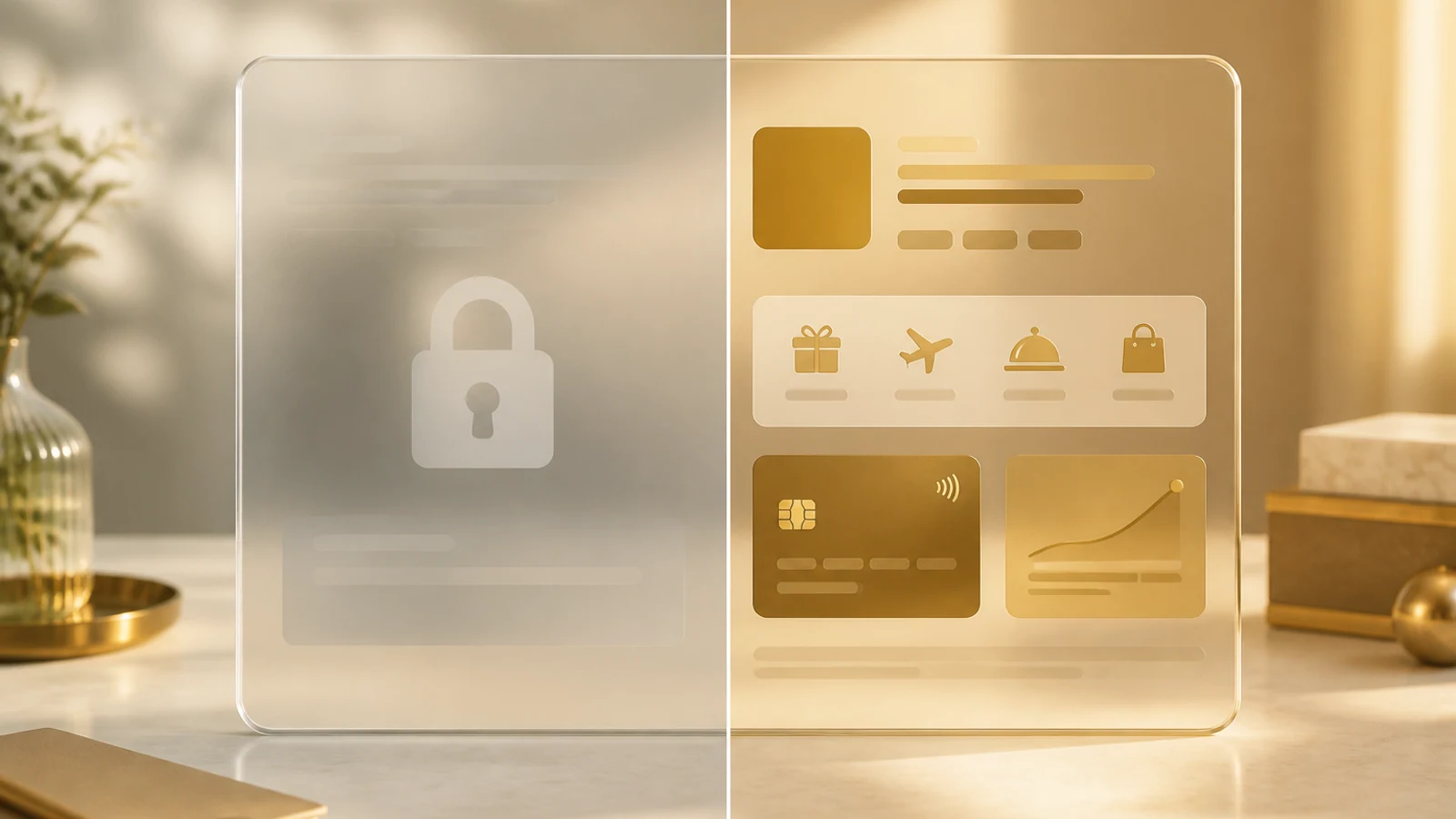 Locked frosted panel beside a clear gold-tinted unlocked panel